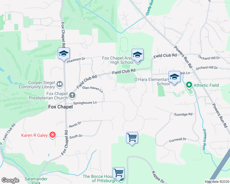 map of restaurants, bars, coffee shops, grocery stores, and more near 108 Foxtop Drive in Pittsburgh