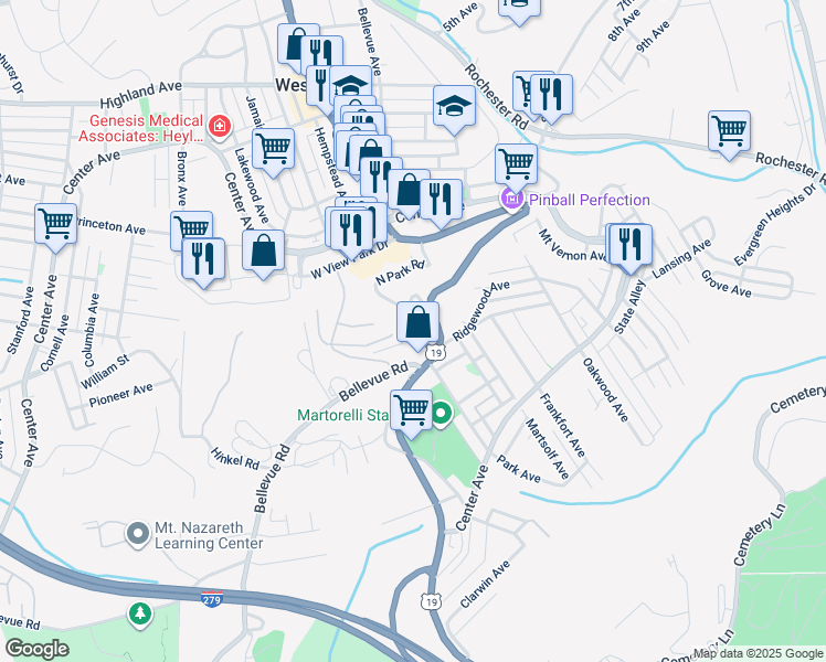 map of restaurants, bars, coffee shops, grocery stores, and more near 69 North Park Road in Pittsburgh