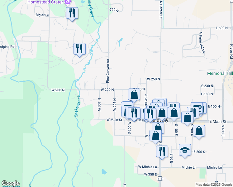 map of restaurants, bars, coffee shops, grocery stores, and more near 192 North 300 West in Midway