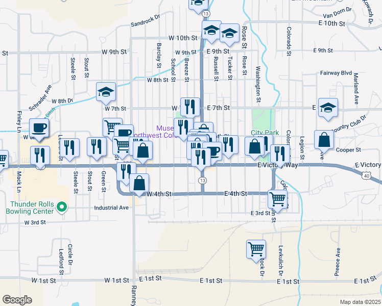 map of restaurants, bars, coffee shops, grocery stores, and more near 535-537 Breeze Street in Craig
