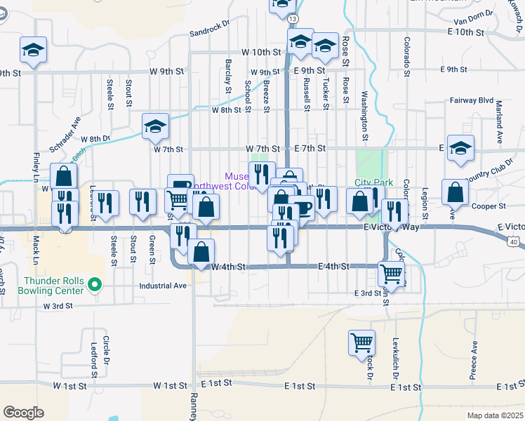 map of restaurants, bars, coffee shops, grocery stores, and more near 535-537 Breeze Street in Craig