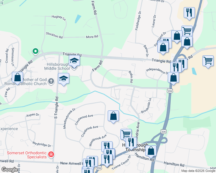 map of restaurants, bars, coffee shops, grocery stores, and more near 79 Farm Road in Somerset County