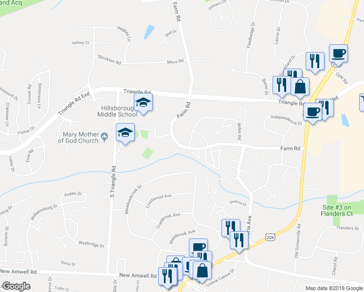map of restaurants, bars, coffee shops, grocery stores, and more near 60 Farm Road in Somerset County
