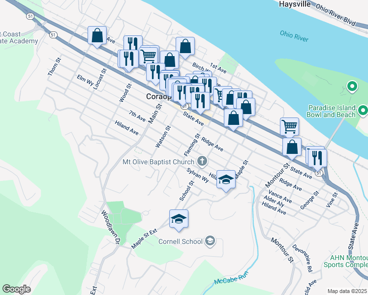 map of restaurants, bars, coffee shops, grocery stores, and more near 712 Fleming Street in Coraopolis