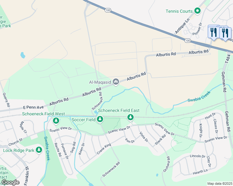 map of restaurants, bars, coffee shops, grocery stores, and more near 7386 Alburtis Road in Macungie