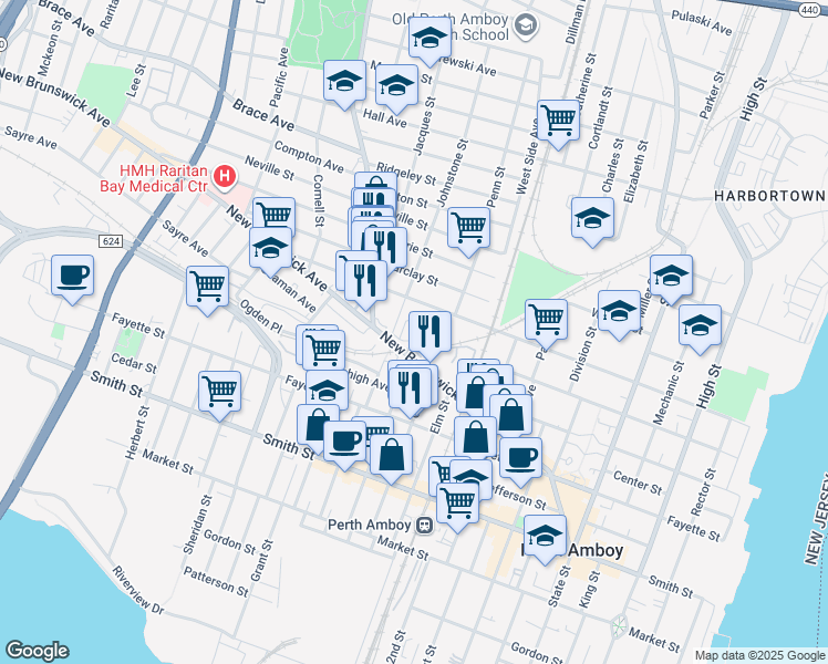 map of restaurants, bars, coffee shops, grocery stores, and more near 505 Holly Drive in Perth Amboy