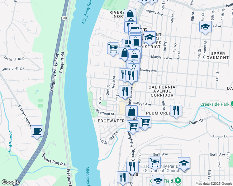 map of restaurants, bars, coffee shops, grocery stores, and more near 223 3rd Street in Oakmont