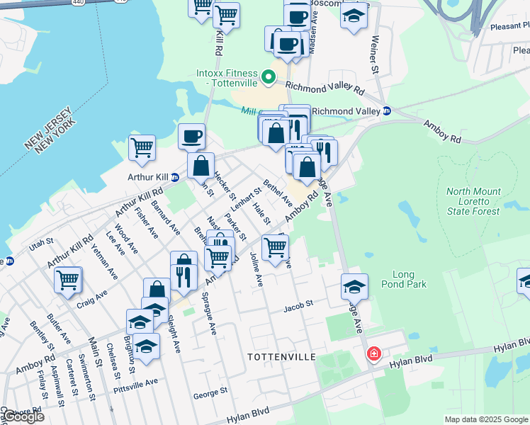 map of restaurants, bars, coffee shops, grocery stores, and more near 19 Hale St in Staten Island