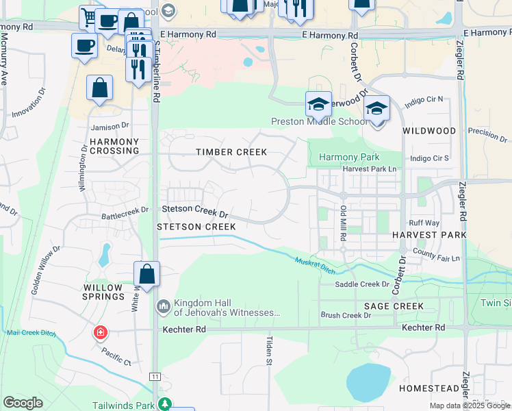 map of restaurants, bars, coffee shops, grocery stores, and more near 2302 Coal Creek Court in Fort Collins