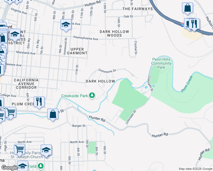 map of restaurants, bars, coffee shops, grocery stores, and more near 304 Canterbury Court in Oakmont