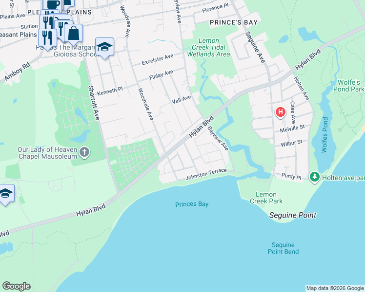 map of restaurants, bars, coffee shops, grocery stores, and more near 18 Indale Ave in Staten Island