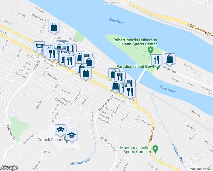 map of restaurants, bars, coffee shops, grocery stores, and more near 1361 5th Avenue in Coraopolis