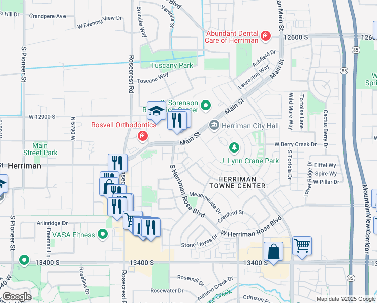 map of restaurants, bars, coffee shops, grocery stores, and more near 13057 Arbor Stone Lane in Herriman