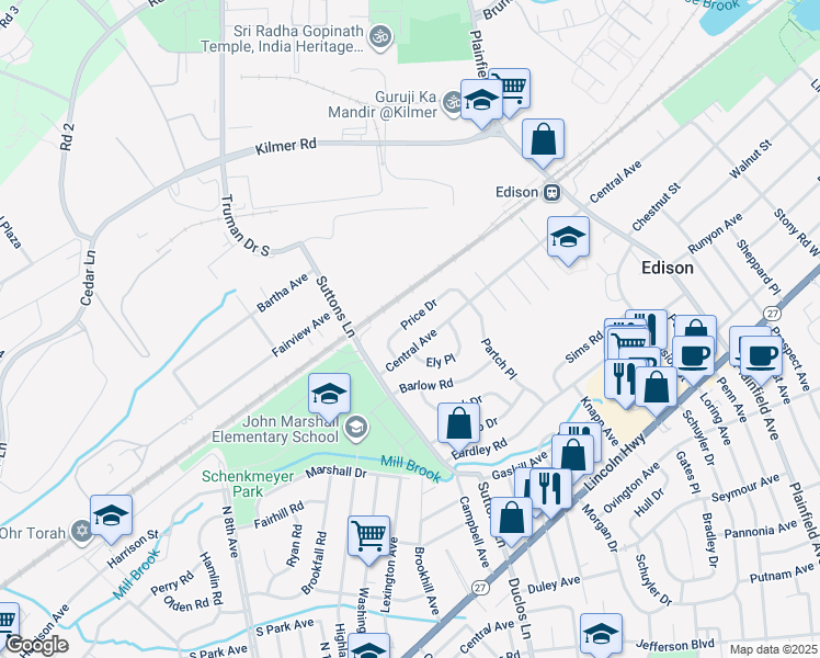 map of restaurants, bars, coffee shops, grocery stores, and more near 16 Price Drive in Edison