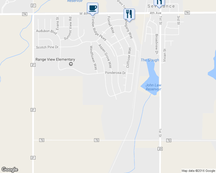 map of restaurants, bars, coffee shops, grocery stores, and more near 514 Prairie Clover Way in Severance