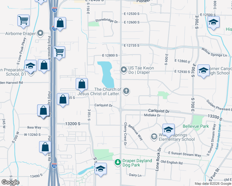 map of restaurants, bars, coffee shops, grocery stores, and more near 281 East John Wayne Lane in Draper