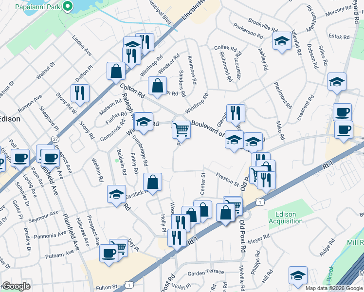 map of restaurants, bars, coffee shops, grocery stores, and more near 23 Ferris Road in Edison