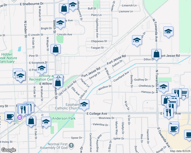 map of restaurants, bars, coffee shops, grocery stores, and more near 1207 George Drive in Normal
