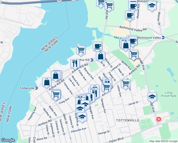 map of restaurants, bars, coffee shops, grocery stores, and more near 145 Barnard Avenue in Staten Island