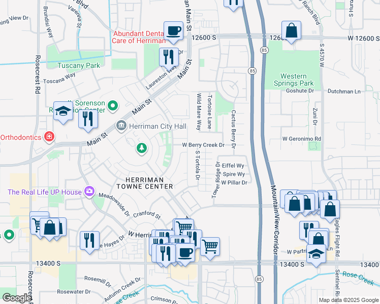 map of restaurants, bars, coffee shops, grocery stores, and more near 13007 Acklins Drive in Herriman