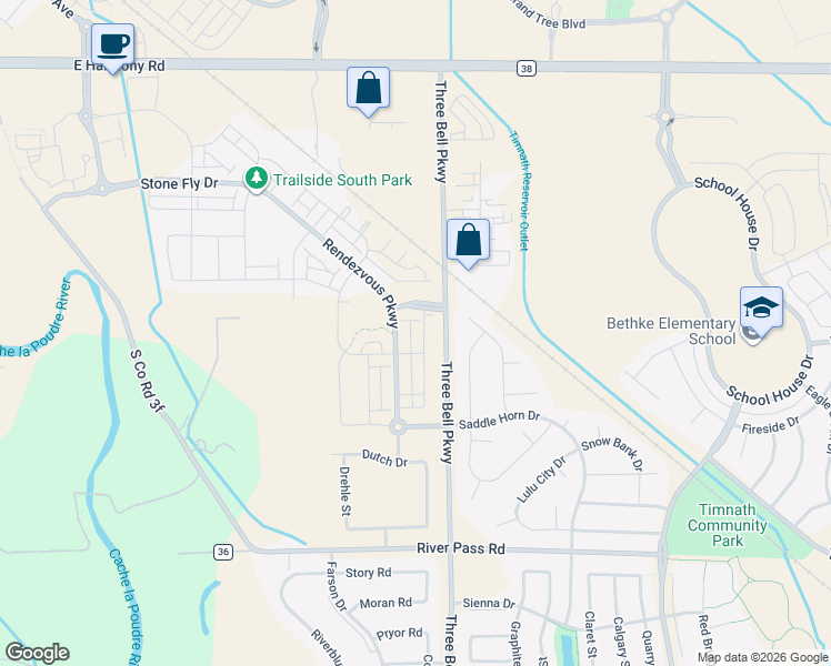 map of restaurants, bars, coffee shops, grocery stores, and more near 5283-5297 Three Bell Parkway in Fort Collins