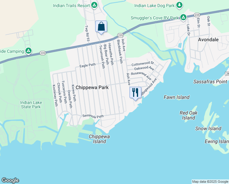 map of restaurants, bars, coffee shops, grocery stores, and more near 11180 Hiawatha Path in Lakeview
