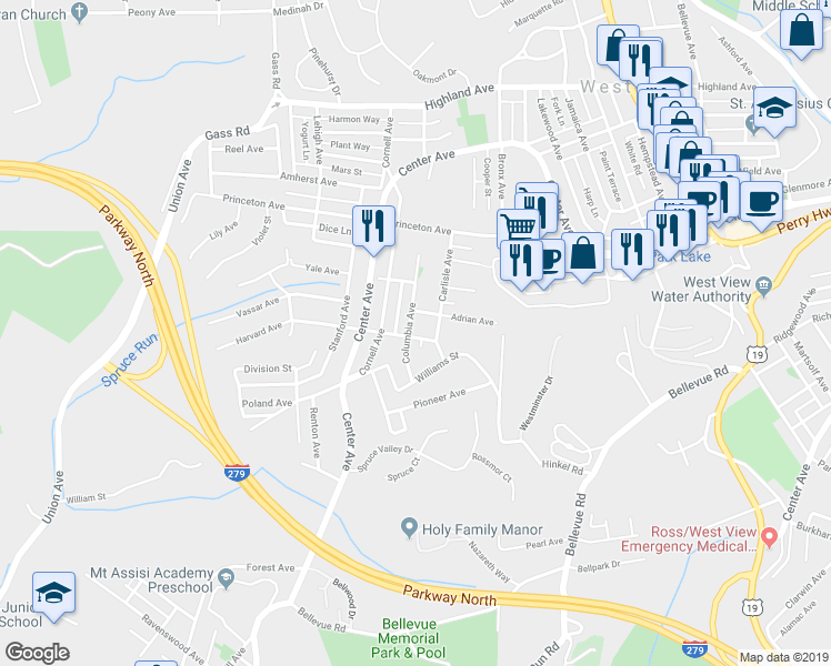 map of restaurants, bars, coffee shops, grocery stores, and more near 349 Columbia Avenue in Pittsburgh