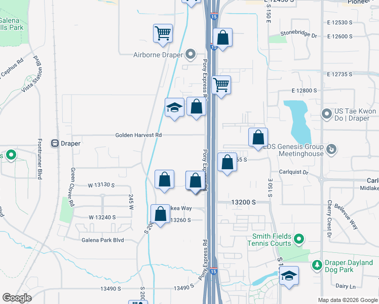 map of restaurants, bars, coffee shops, grocery stores, and more near 12998 Wheatfield Way in Draper