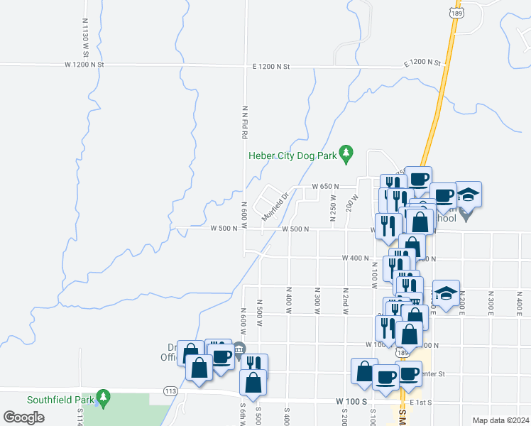 map of restaurants, bars, coffee shops, grocery stores, and more near 488 Inverness Lane in Heber City