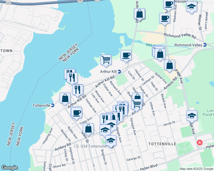 map of restaurants, bars, coffee shops, grocery stores, and more near 121 Fisher Avenue in Staten Island