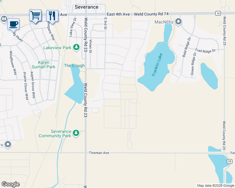 map of restaurants, bars, coffee shops, grocery stores, and more near 506 2nd Street in Severance