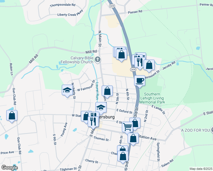 map of restaurants, bars, coffee shops, grocery stores, and more near 323 North Main Street in Coopersburg