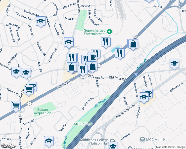 map of restaurants, bars, coffee shops, grocery stores, and more near 562 Old Post Road in Edison