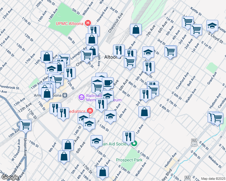 map of restaurants, bars, coffee shops, grocery stores, and more near 913 7th Ave in Altoona
