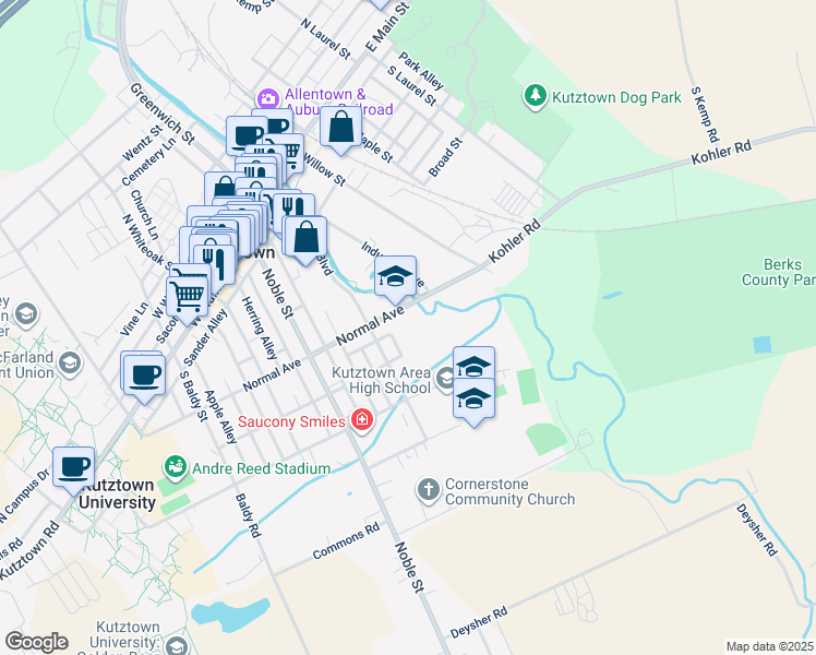 map of restaurants, bars, coffee shops, grocery stores, and more near 40 Normal Avenue in Kutztown