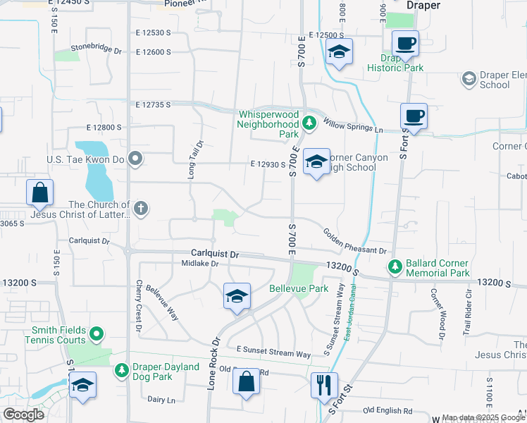 map of restaurants, bars, coffee shops, grocery stores, and more near 643 Golden Pheasant Drive in Draper