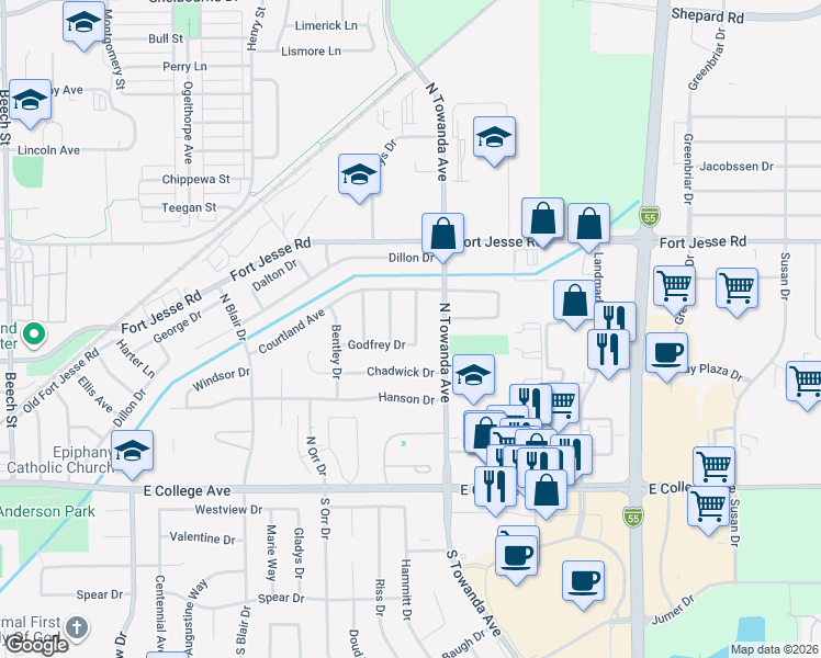 map of restaurants, bars, coffee shops, grocery stores, and more near 301 Columbia Drive in Normal