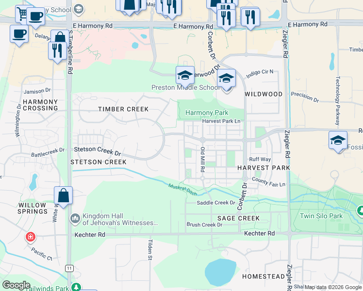 map of restaurants, bars, coffee shops, grocery stores, and more near 2520 Phantom Creek Court in Fort Collins