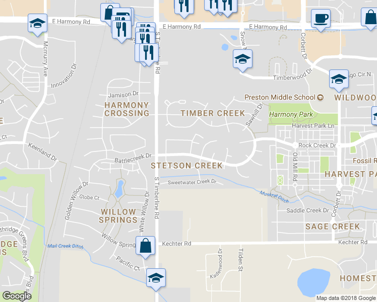 map of restaurants, bars, coffee shops, grocery stores, and more near 2238 Stetson Creek Drive in Fort Collins