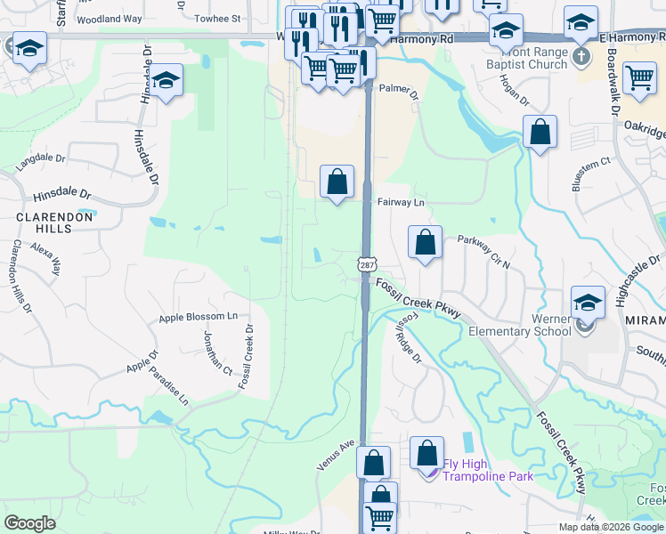 map of restaurants, bars, coffee shops, grocery stores, and more near 5208 Conejos Road in Fort Collins