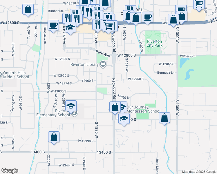 map of restaurants, bars, coffee shops, grocery stores, and more near 12990 South Redwood Road in Riverton