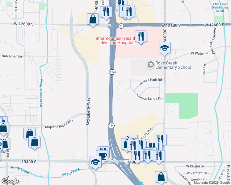 map of restaurants, bars, coffee shops, grocery stores, and more near 12996 Sand Creek Drive in Riverton