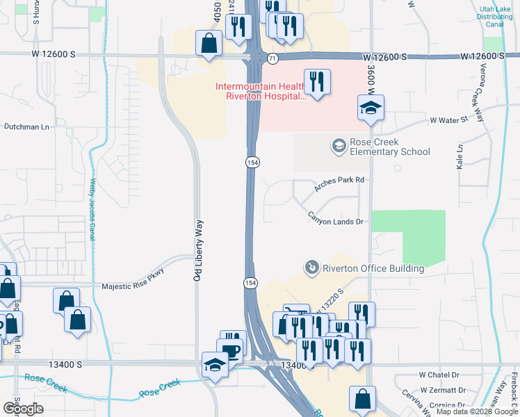 map of restaurants, bars, coffee shops, grocery stores, and more near 12996 Sand Creek Drive in Riverton