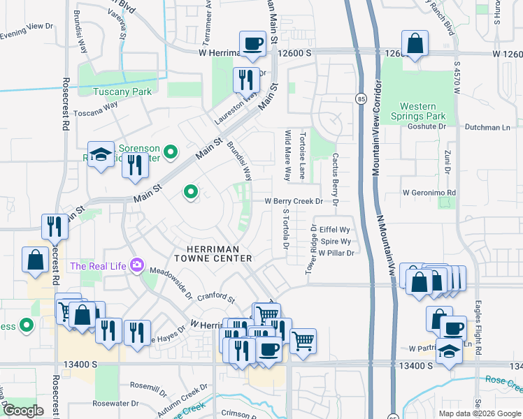 map of restaurants, bars, coffee shops, grocery stores, and more near 13011 Summerdale Drive in Herriman