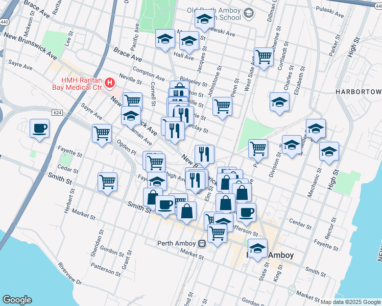 map of restaurants, bars, coffee shops, grocery stores, and more near 505 Holly Drive in Perth Amboy