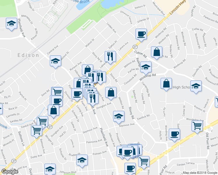 map of restaurants, bars, coffee shops, grocery stores, and more near 911 Woodhaven Drive in Edison