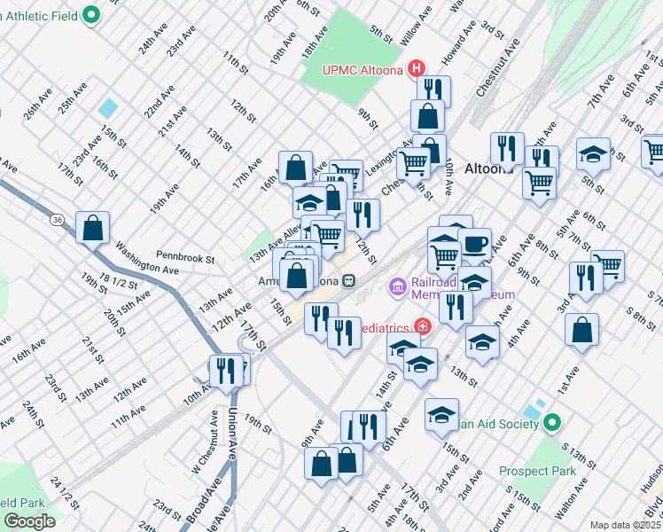 map of restaurants, bars, coffee shops, grocery stores, and more near 1231 11th Avenue in Altoona