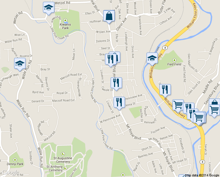 map of restaurants, bars, coffee shops, grocery stores, and more near 804 Mount Royal Boulevard in Pittsburgh