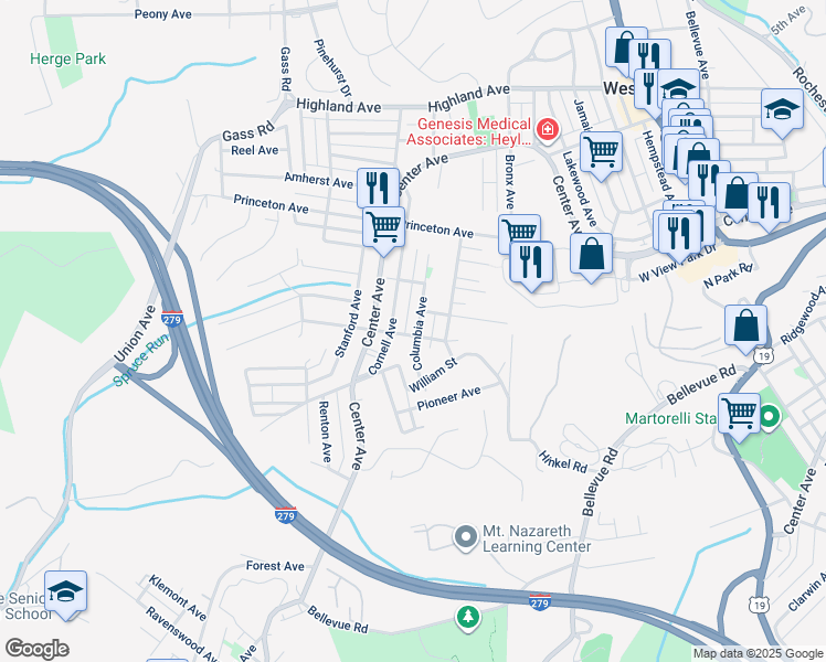 map of restaurants, bars, coffee shops, grocery stores, and more near 349 Columbia Avenue in Pittsburgh