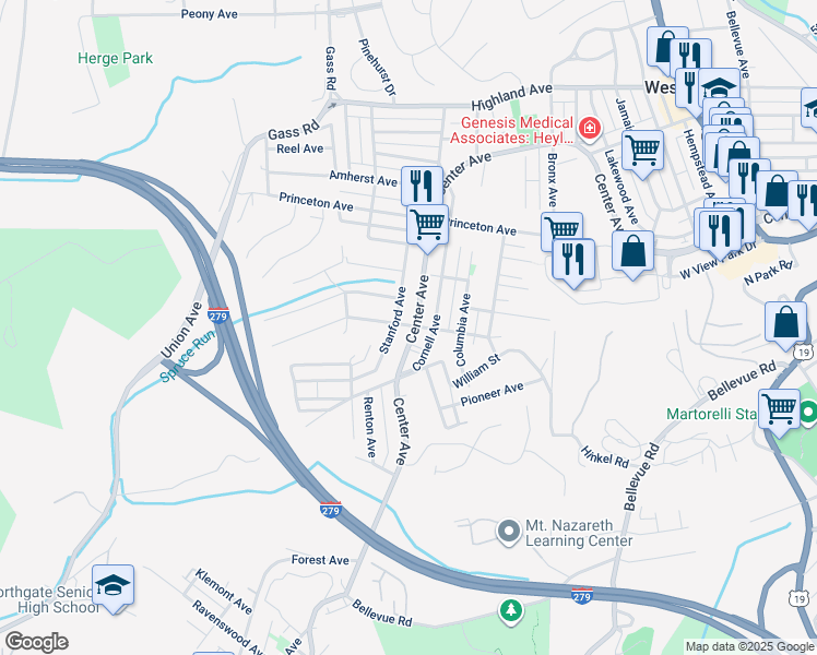 map of restaurants, bars, coffee shops, grocery stores, and more near 404 Cornell Avenue in Pittsburgh